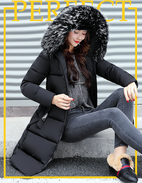 The new cotton padded winter long big girls slim Korean fur collar size feather padded female thickening