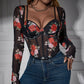 Retro Printed Lace V-neck Chest-shaped Hot Girl Elegant Stretch Slim-fit Thin Long-sleeved Top