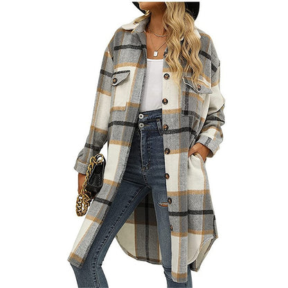 Plaid Lapel Button Woolen Casual Trench Coat