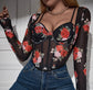 Retro Printed Lace V-neck Chest-shaped Hot Girl Elegant Stretch Slim-fit Thin Long-sleeved Top