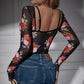 Retro Printed Lace V-neck Chest-shaped Hot Girl Elegant Stretch Slim-fit Thin Long-sleeved Top