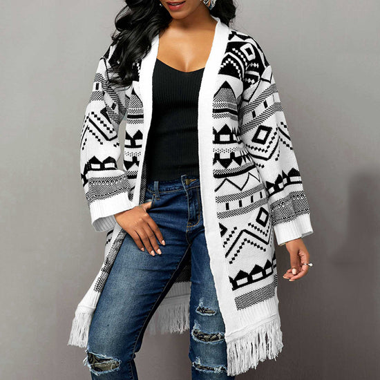 Ladies Tassel Hem Jacquard Cardigan Sweater