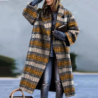 Turn-down Collar Coat Printed Woolen Long-cut Coat