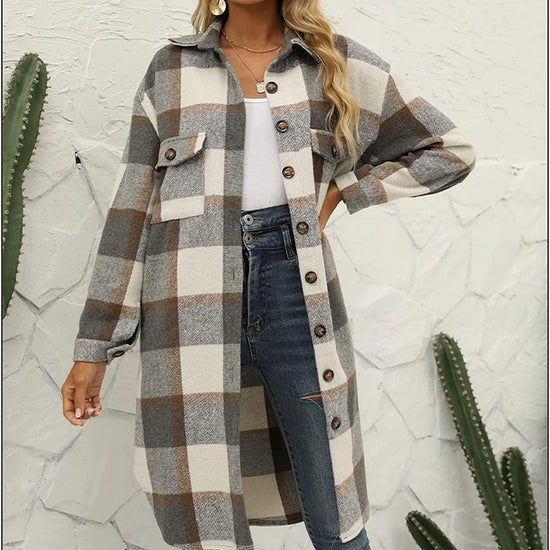 Plaid Lapel Button Woolen Casual Trench Coat