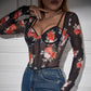 Retro Printed Lace V-neck Chest-shaped Hot Girl Elegant Stretch Slim-fit Thin Long-sleeved Top