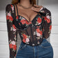 Retro Printed Lace V-neck Chest-shaped Hot Girl Elegant Stretch Slim-fit Thin Long-sleeved Top